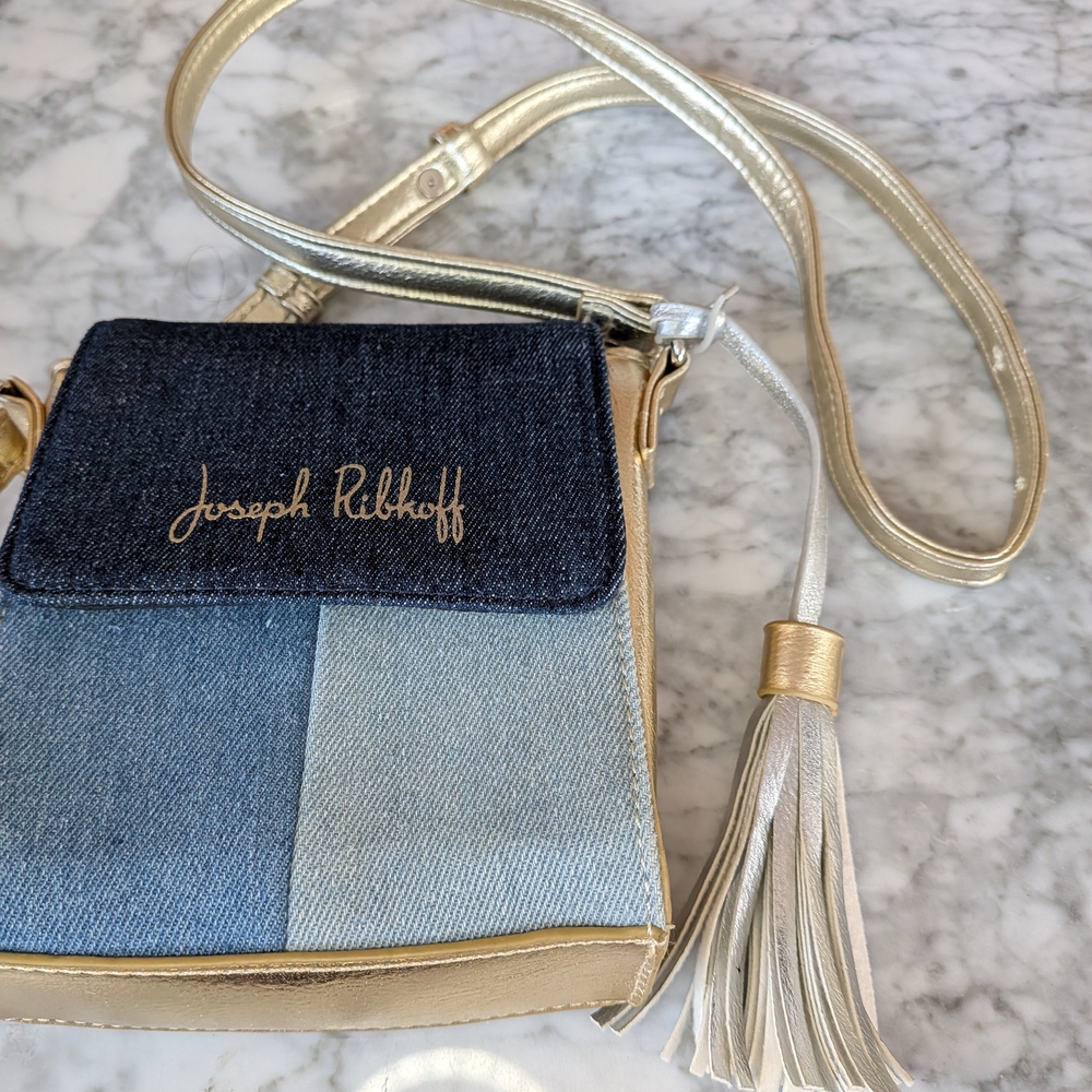 Joseph Ribkoff Blue Denim & Gold Mini Crossbody Purse Bag Tassel - Picture 7 of 7